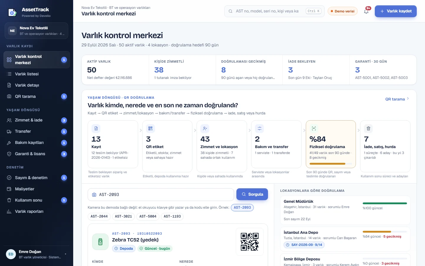 AssetTrack asset control center: lifecycle rail and QR verification console